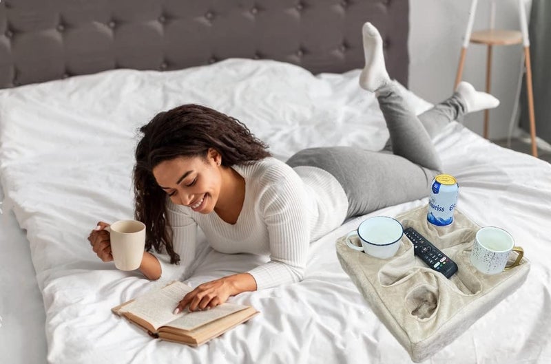 Xchouxer Couch and Bed Cup Holder Pillow, Sofa Refreshment Tray for Drinks/Remote Control/Snacks Holder (Beige) - Image 3